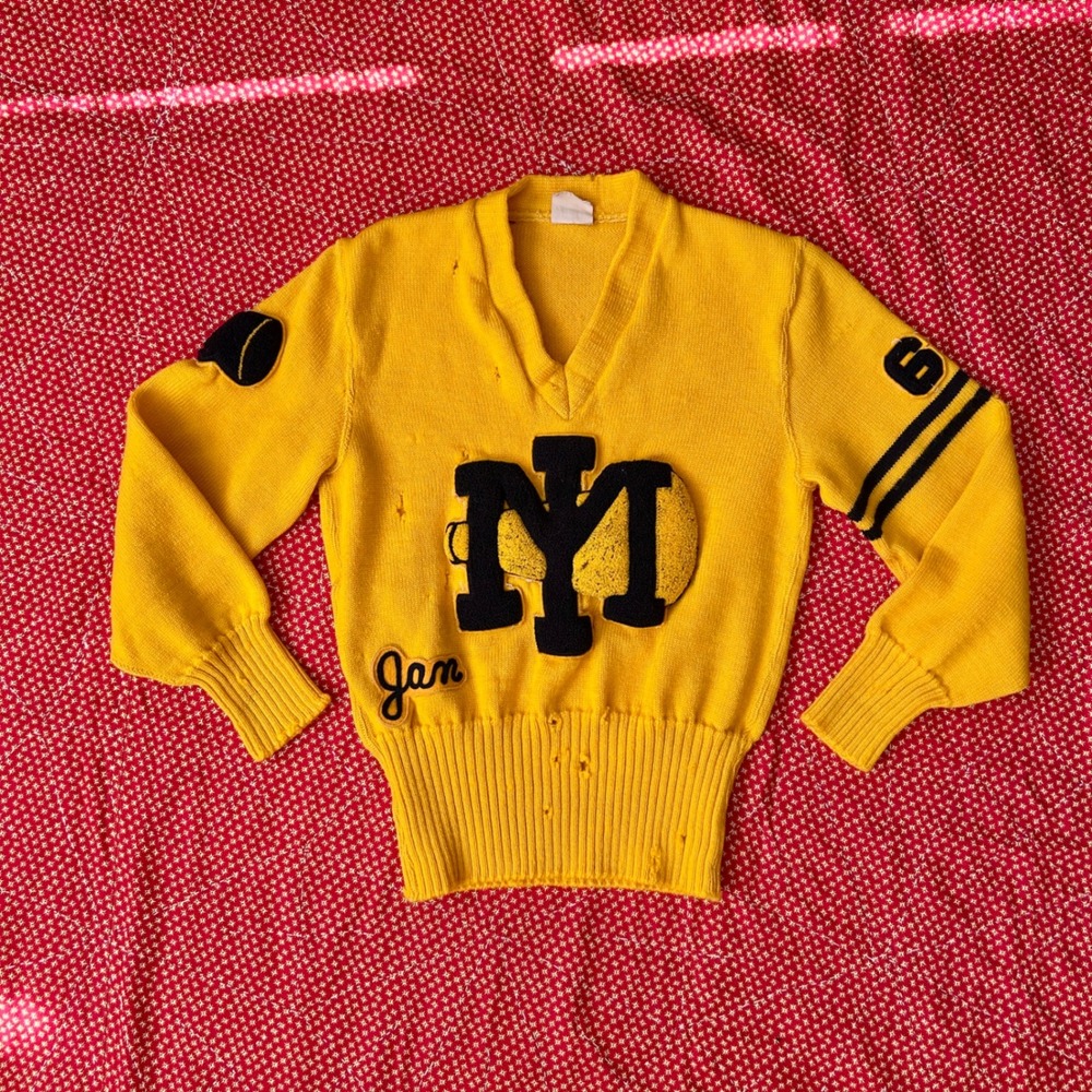 Vintage Nelson Knitting Mills Yellow Varsity Letterman Sweater Jan NY 60 1960s